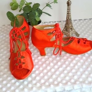 Red satin salsa dancing shoes - Size 9 - #9-0174